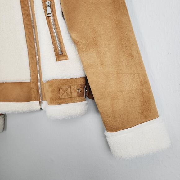 Love Tree Tan Faux Suede Sherpa Moto Jacket Aviator Biker Coat Camel Brown Large - Picture 4 of 11